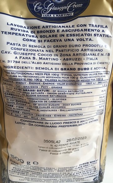 Penne rigate pasta guiseppe coco 500 grs bag unit